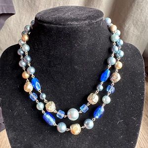 Vintage Blue and Silver Beaded Necklace, Signed JAPAN 1960s Multi-strand